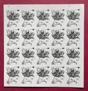 4960 LOVE VINTAGE TULIP Imperf Pane of 20 US 70¢ Stamps MNH 2015 FV $14.00