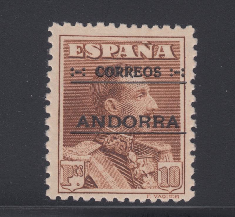 Andorra, Spanish Sc 12 MLH. 1928 10p brown, black ovpt, VLH, VF.