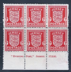 JERSEY OCCUPATION STAMPS N1  BLOCK OF 6 SCV $$24.00