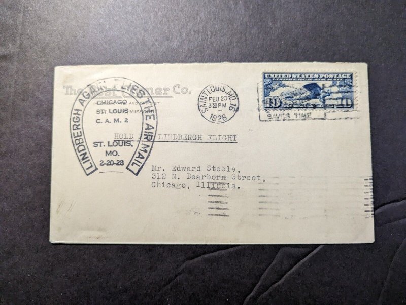 1928 USA Airmail Cover Saint Louis MO to Chicago IL Charles Lindbergh CAM 2 FFC