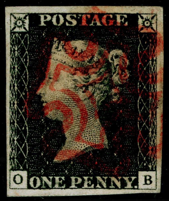 SG2, 1d black PLATE 8, FINE USED. Cat £550. RED MX. 4 MARGINS. OB