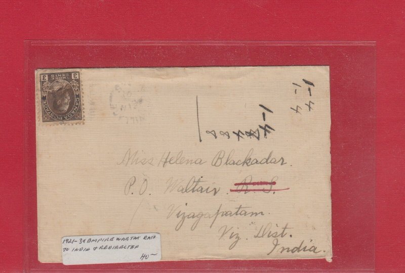 1921 3c Empire Wartax rate to India & Redirected Canada cover with receivers