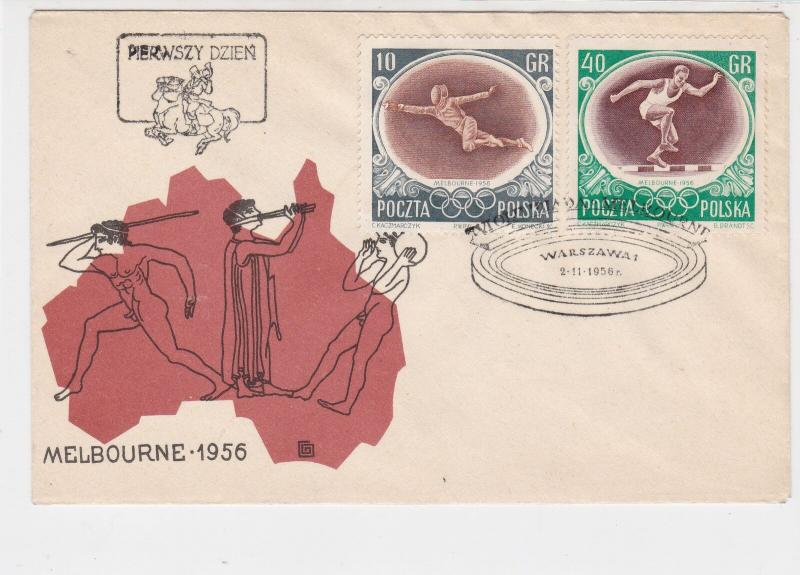 Poland 1956 Melbourne Olympics Staium Ringed Cancel FDC Stamps Cover Ref 23053