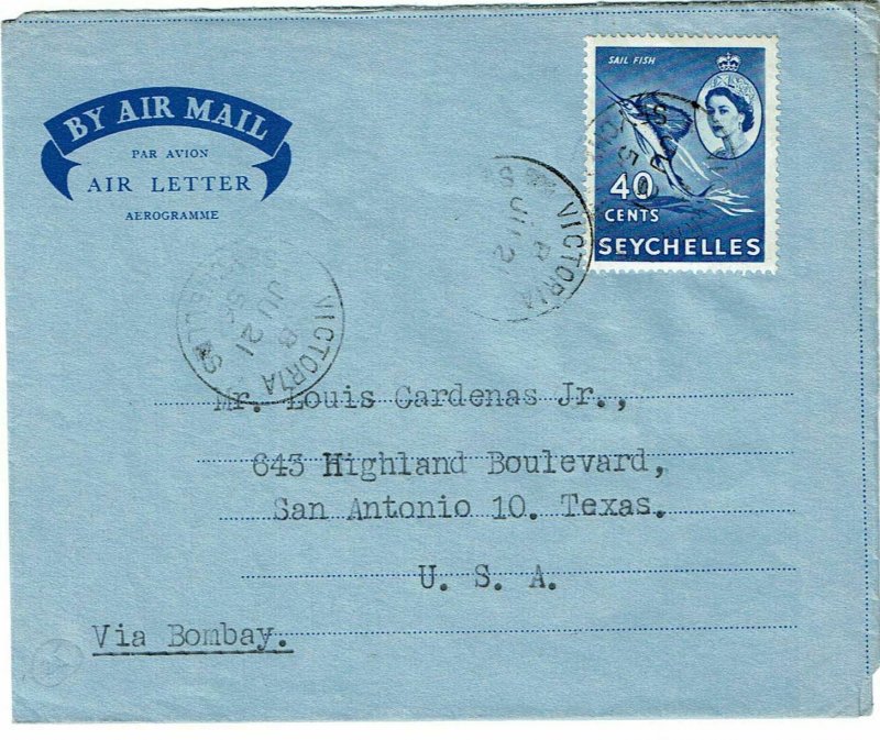 Seychelles 1956 Victoria cancel on formula air letter sheet to the U.S.