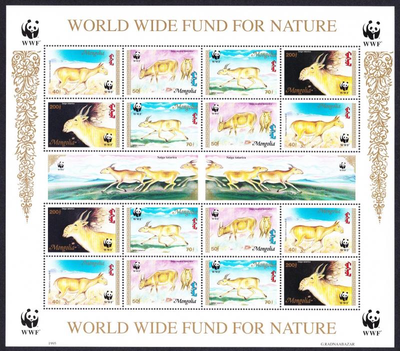 Mongolia WWF Saiga Sheetlet of 4 sets SG#2497-2500 MI#2562-2565 SC#2209-2212