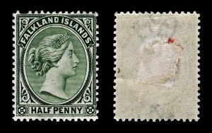 4079: Falkland Islands SG15 ½d Blue-Green. 1891. Sc#9a Mi8a MM Mint. C£26