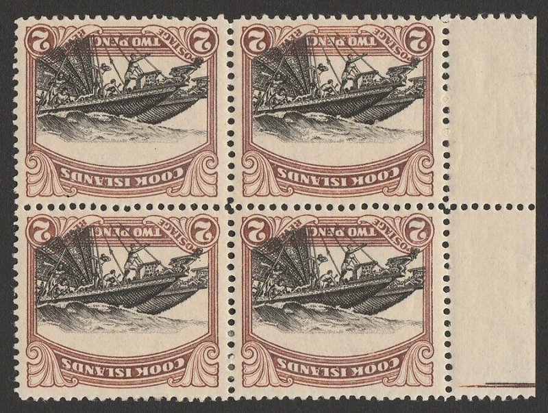 COOK ISLANDS 1932 Maori Canoe 2d block, no wmk, error Centre INVERTED. 