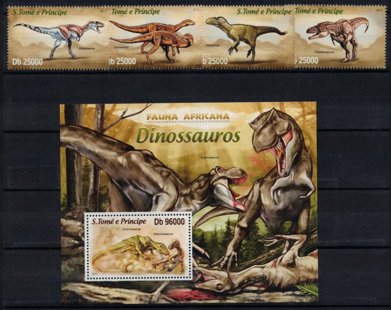 S. TOME E PRINCIPE 2013 - Dinosaurs / complete set + sheet MNH