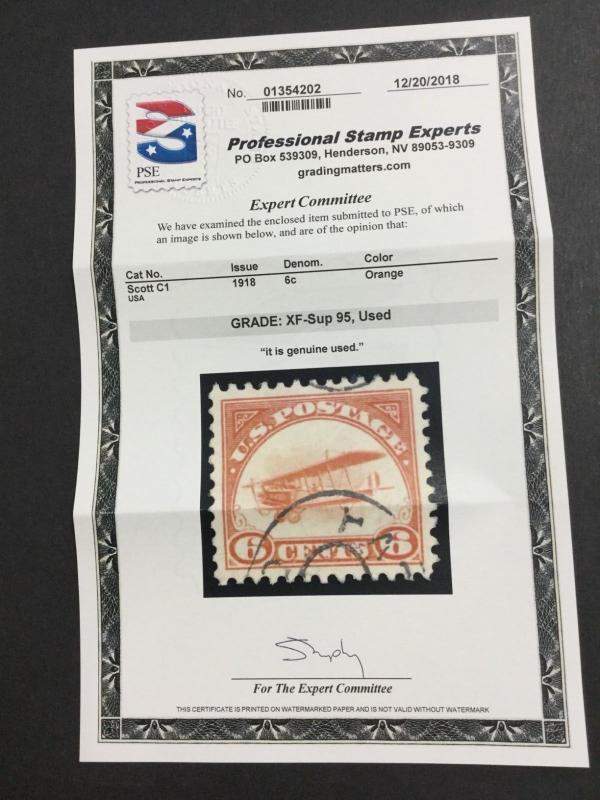 MOMEN: US STAMPS #C1 USED PSE GRADED CERT XF-SUP 95