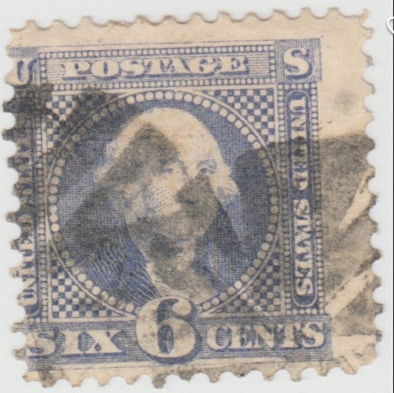 Scott Stamp #115 - 1869 Used Washington Ultramarine 6 Cent stamp. SCV $225.00