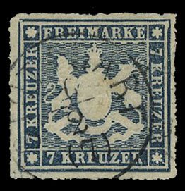 German States, Wurttemberg #44 (Mi. 35a) Cat€160, 1868 7kr slate blue, roul...