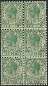 GIBRALTAR 1921-32 KGV 1/2d BLOCK 6 SG No 89 / Sc No. 76 MNH