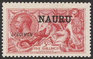 NAURU 1916 'NAURU' on KGV Seahorses 5/- bright carmine DLR printing, SPECIMEN.