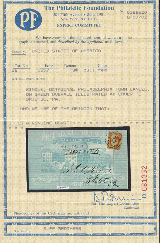US, Scott 26, tied Philadelphia 1860 cds on PHOENIX ALCOHOL cover, w/ PF cert