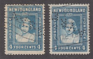 NEWFOUNDLAND #256 USED AYRE PERFIN, 2 DIFFERENT POSITIONS