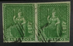 MOMEN: BARBADOS SG #7 PAIR 1857 IMPERF USED **CERT** £220 LOT #62066