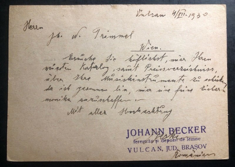 1930 Vulcan Romania Stationery postcard Uprated Cover To Vienna Austria
