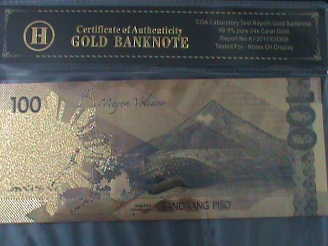 ​PHILIPPINES-2019-24 KARAT GOLD REPLICA $100 PESO BANK NOTE-WITH CERIFICATE VF