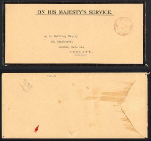 Cayman Islands 1936 OFFICIAL PAID mark in red mourning OHMS cover to England