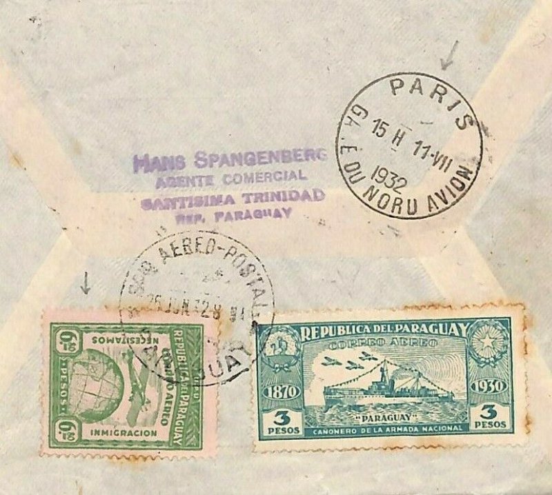 PARAGUAY Cover Santisima 6.80 HIGH VALUE *PARIS AIRPORT* Transit Superb 1932 D72