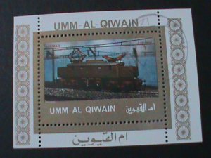 UMM AL QIWAIN -LOCOMOTIVE TRAINS-MINI FANCY CANCEL S/S VERY FINE-LAST ONE