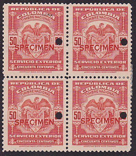 COLOMBIA 1944-56 SERVICIO EXTERIOR 50c block of 4 mint SPECIMEN.............7914