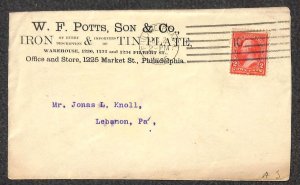 USA 265 STAMP POTTS & SON IRON TIN PLATE PENNSYLVANIA ADVERTISING COVER 1895