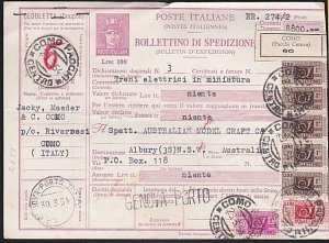 ITALY 1954 stamped parcel card Como to Australia...........................B2784