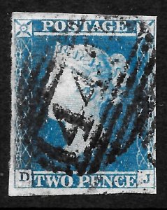 GB QV, 1841, SG 14, 2d Blue, Plate 4, DJ,  4 MARGIN,  V Good USED