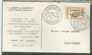 St. Pierre & Miquelon 368 1963 Declaration of Human Rights Anniversary (single) on an unaddressed cacheted FDC