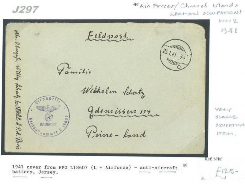 J297 1941 GB JERSEY WW2 German Occupation *Anti-Aircraft Battery* Feldpost Cover