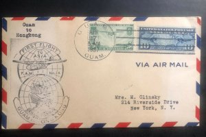 1937 Guam Island USA First Flight Airmail Cover to Hong Kong