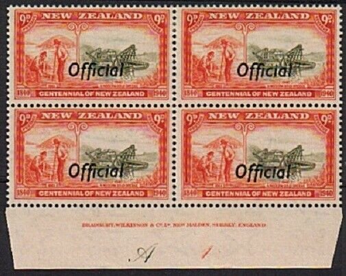 NEW ZEALAND OFFICIAL 1940 Centenary 9d plate block mint CP cat NZ$260......79214