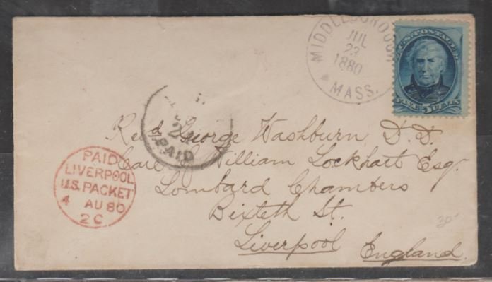 U.S. Scott #185 Cover - Middleborough MA to Liverpool England - PAID 23 Jul 1880