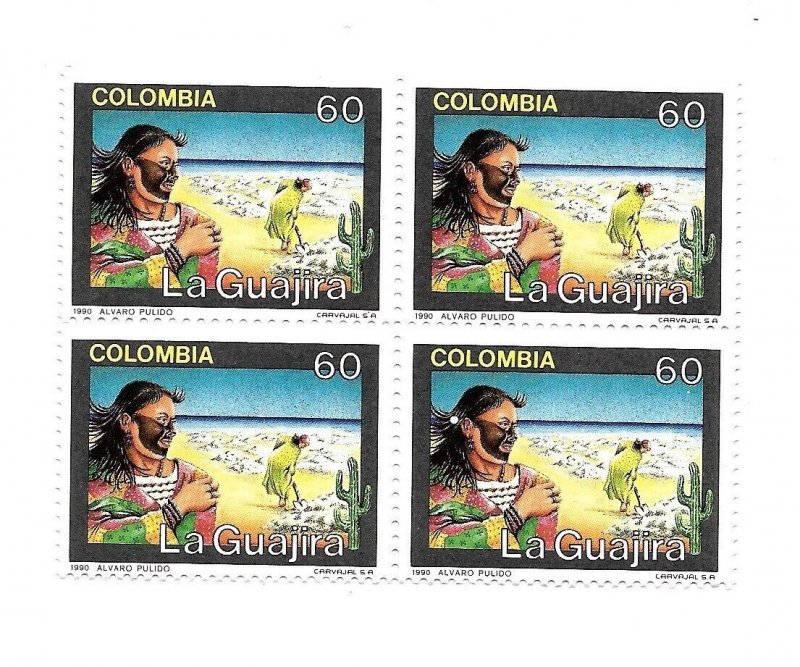 COLOMBIA 1990 LA GUAJIRA SEA CACTUS FLORA WOMEN 1 VALUE IN BLOCK MINT NH