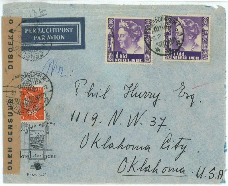 93711  - DUTCH INDIES  - POSTAL HISTORY - CENSORED Hotel  COVER to USA  1941
