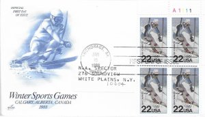 1988 FDC, #2369, 22c Winter Sports Games, Art Craft, plate block of 4