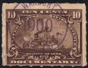 R168 10¢ Documentary Stamp (1898) Used/CDS/Cut Cancelled