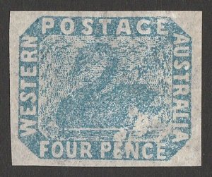 WESTERN AUSTRALIA 1854 Swan 4d imperf, variety swan & water damaged. Certificate