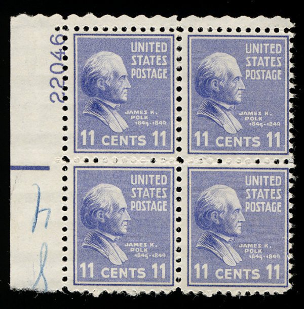 US #816 PLATE BLOCK, SUPERB mint never hinged, 11c Polk,   Deep rich color, p...