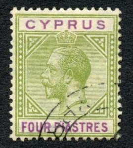 Cyprus 1921-3 4pi olive-green and purple wmk Script CA SG95 VFU cat 25 pounds 