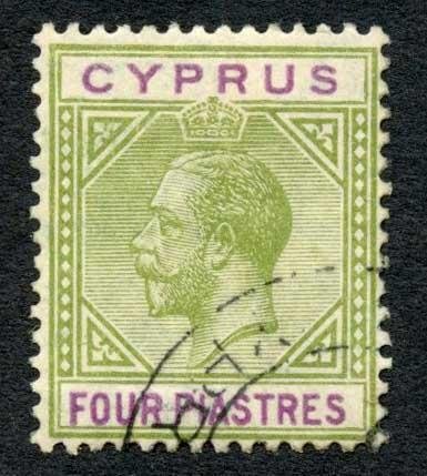 Cyprus 1921-3 4pi olive-green and purple wmk Script CA SG95 VFU cat 25 pounds 