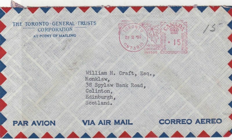 canada toronto 1956 toronto general trusts corp air mail stamps cover ref 21450