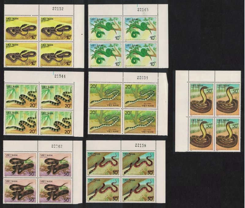 Vietnam Snakes 7v Corner Blocks of 4 1988 MNH SC#1972-1978 SG#1191-1197