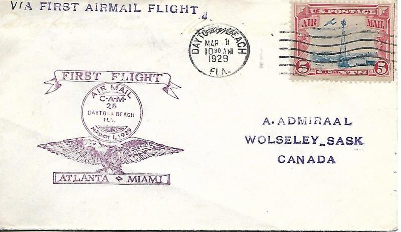 First Airmail Flight Daytona Beach FL March 1, 1929 AAMC#25N6