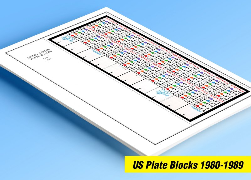 COLOR PRINTED US PLATE BLOCKS 1980-1989 STAMP ALBUM PAGES (104 illustr. pages)