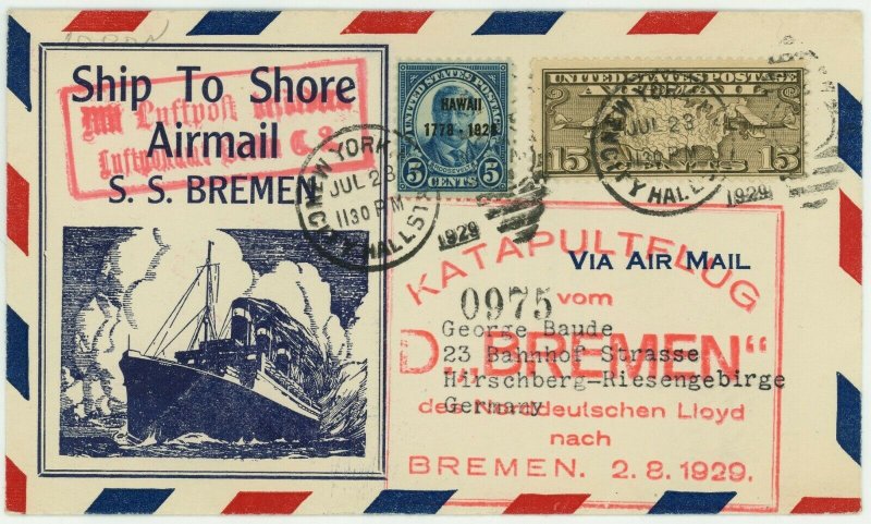 USA to Germany Catapult Mail Ship SS BREMEN and Airmail to Shore Postage Cover  