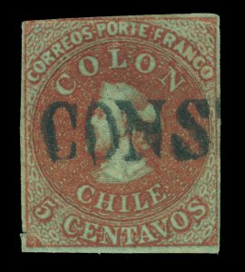 CHILE 1855 COLUMBUS - London 2nd print 5c brn red Sc# 8 used constitucion cxl