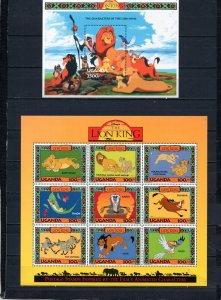 UGANDA 1994 WALT DISNEY LION KING SHEET OF 9 STAMPS & S/S MNH