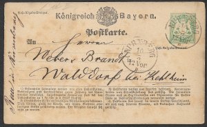 BAVARIA 1873 2kr Green Postal Card NURNBERG to KELHEIM Mi.P1/I USED